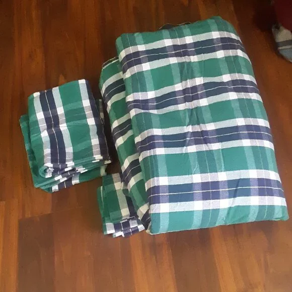 The Company Store VINTAGE Green Plaid KING FLANNEL Duvet Cover 5-Pcs Set